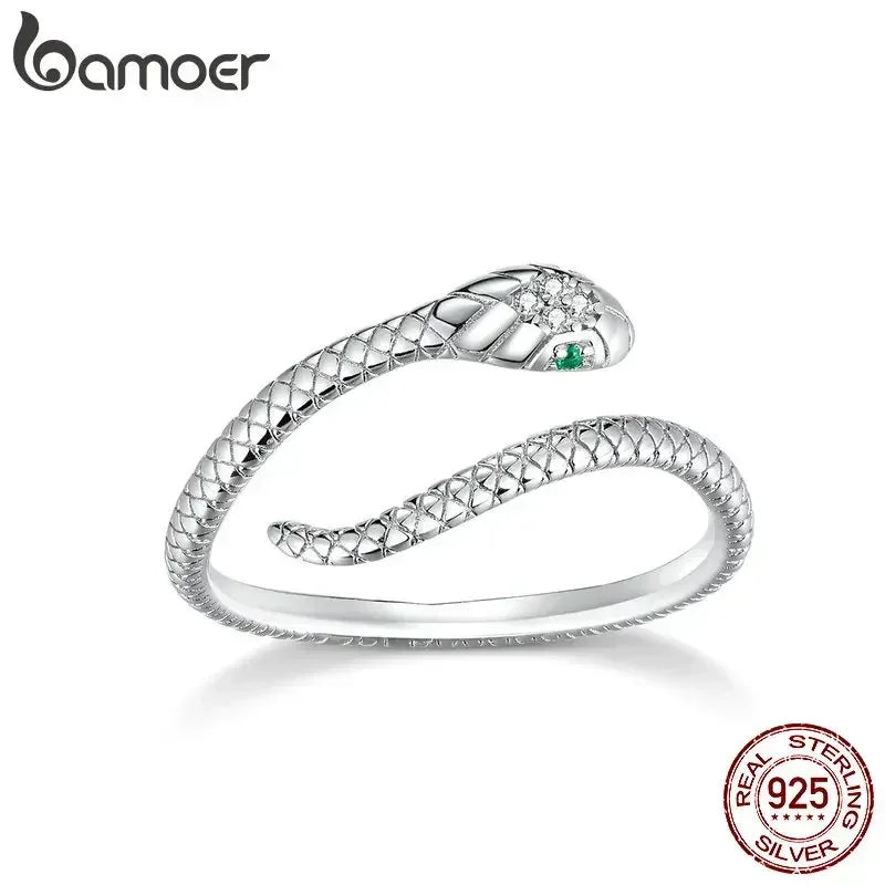 BAMOER 925 Sterling Silver Platinum Plated Adjustable Ring, Green Zircon Retro Textures Snake Ring Fashion Jewelry 4 Colors
