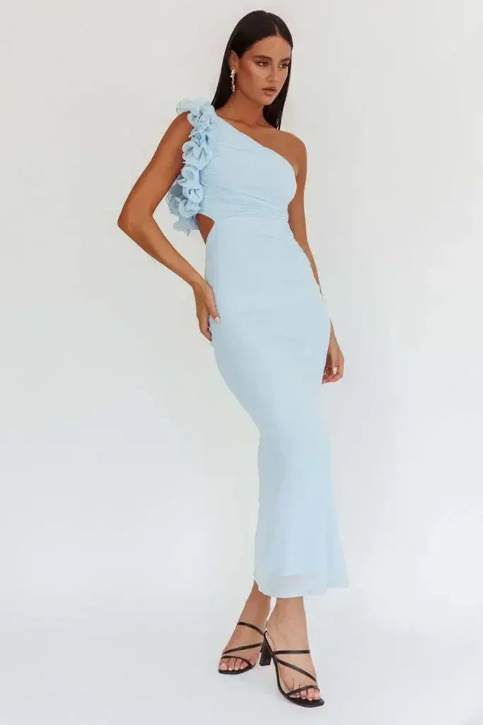 Articat Elegant Slant Shoulder Flower Bodycon Party Club Evening Dress Women Sexy Backless Slim Spring/Summer New  2025 Vestido