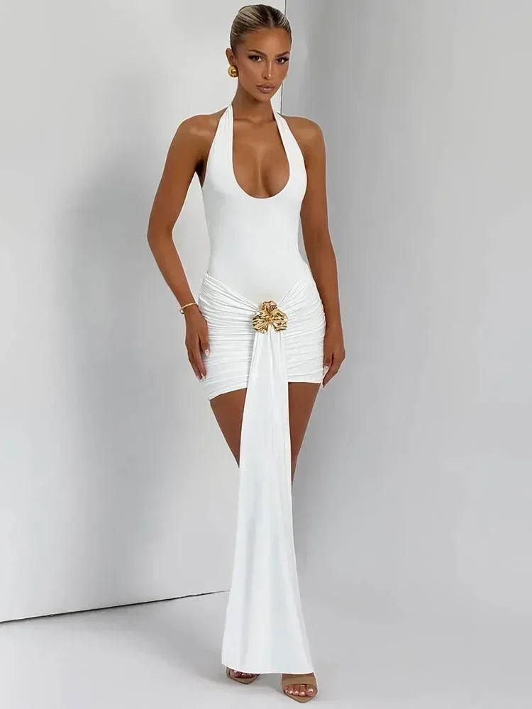 Mozision Metal Flower Draped Ruched Sexy Mini Dress Women Robe Fashion Halter Backless Sleeveless Bodycon Club Party Dress New