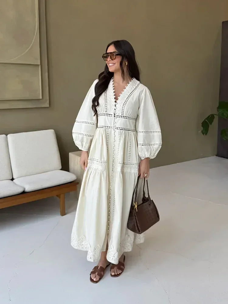 Elegant Lace Patchwork Hollow Out Dress Women Solid V-neck Long Lantern Sleeve Loose Dresses 2025 Spring Vacation Lady Robes