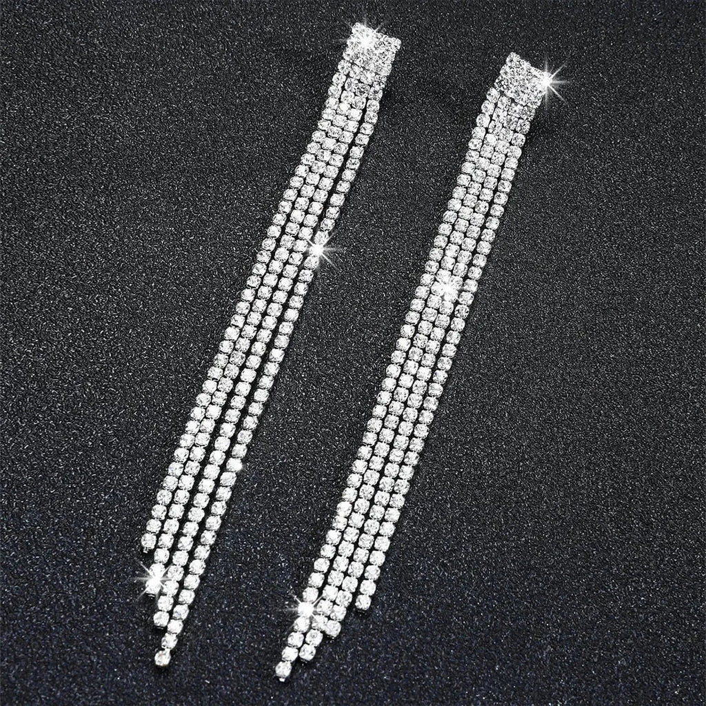 TREAZY Shiny 4 Lines  Rhinestone Crystal Tassel Long Earrings for Women Wedding Party Hanging Dangle Earrings Bridal Brincos