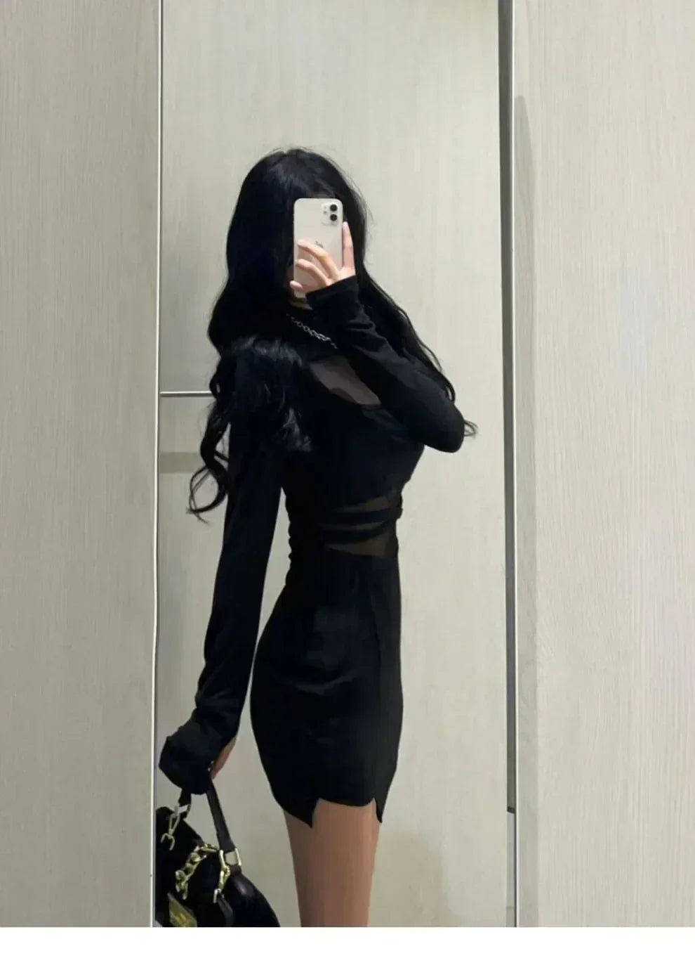 Pile Up Sleeves New Sexy Black Fishbone Dress Personalized Slim Women Dress Thin Gauze Perspective Wrap Around Buttocks  F8Q3