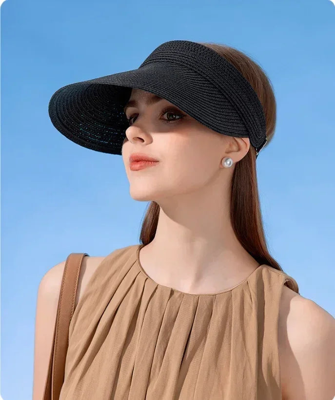 Spring and Summer Women's Outdoor Sunshade  Straw Hat Fashion Empty Top  Duck Tongue Hat Big Brim Cap G37