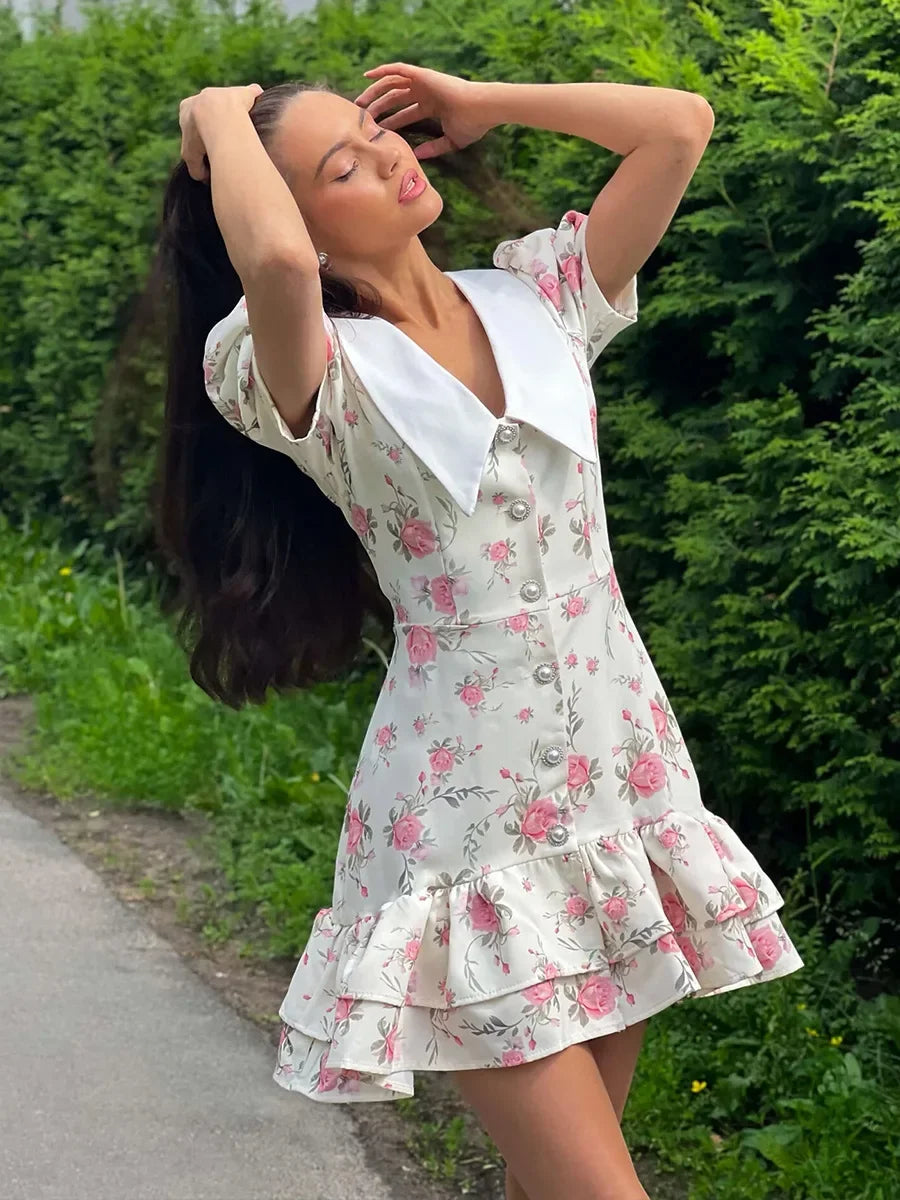 Puff Sleeve V-Neck Mini Dress | Printed Ruffled Pearl Button Dress - Femstylo