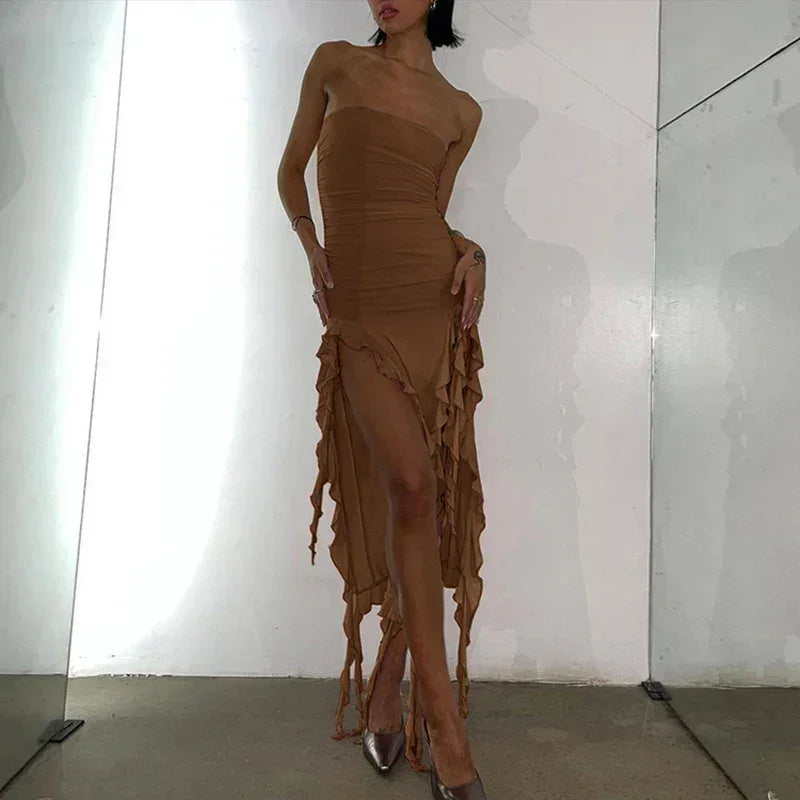 Cryptographic Irregular Ruffle Off Shoulder Sexy Backless Midi Dress for Women Elegant Birthday Vestido Summer Sundresses Ruched