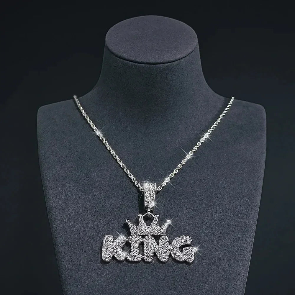 Fashion Hip Hop Crown with KING Pendant Necklace For Men Crystal Cuban Chain Iced Out Bling Hiphop Necklaces Rock Biker Jewelry