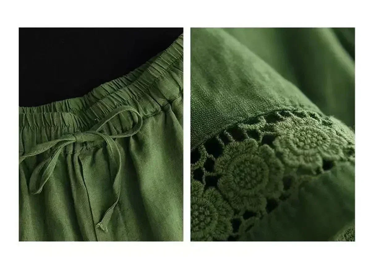 Cotton Linen Vintage High-Waist Elastic New Style Tie-Belt Embroidered Hollow Casual Straight Shorts