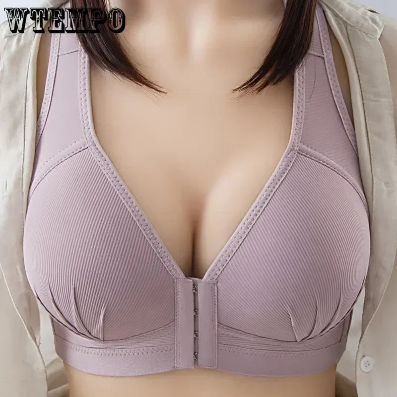 WTEMPO Plus Size Thin Non-steel Ring Front Buckle Cotton Bra Gathered Comfortable Underwear Soft Collection lingerie