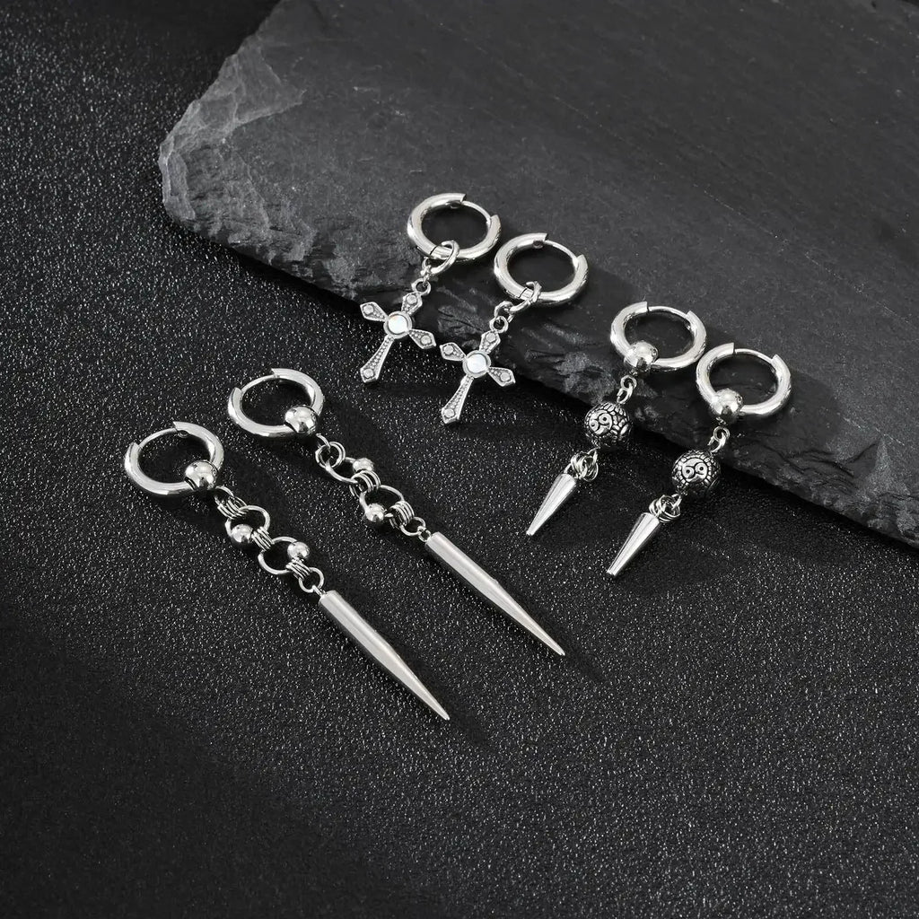 Punk Men's Huggies Earrings,Vintage Long Chain Stainless Steel Ear Drop,Stylish Cross Earring Gift