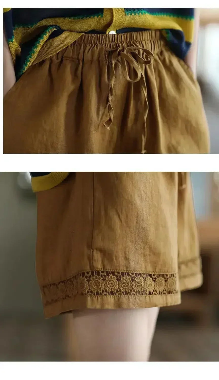 Cotton Linen Vintage High-Waist Elastic New Style Tie-Belt Embroidered Hollow Casual Straight Shorts