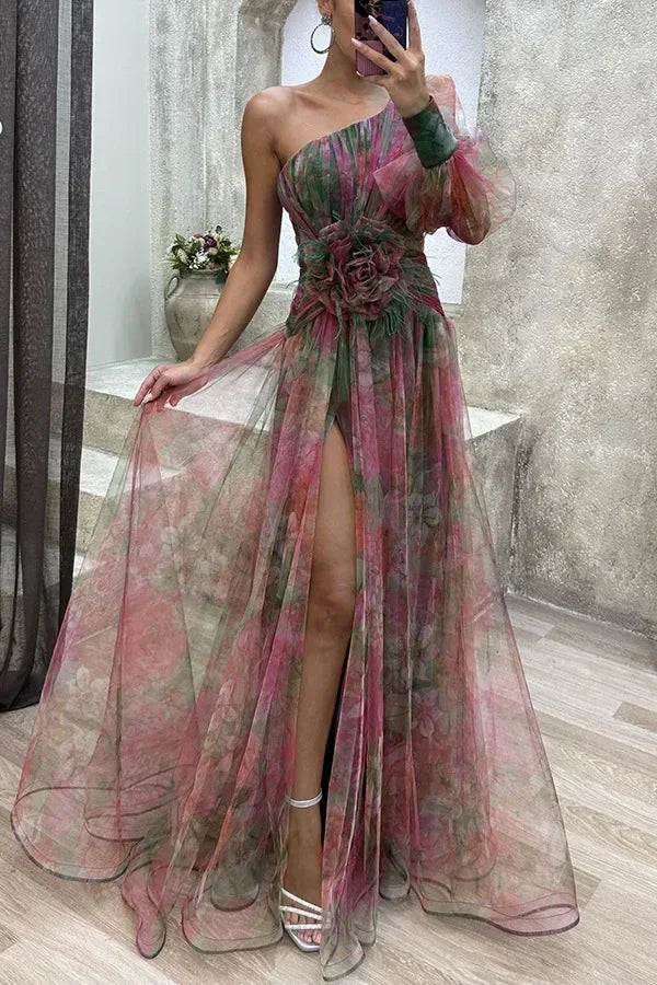 Elegant Oblique Shoulder Single-sleeve  Zipper High Slit Mesh Long Dress For Women Fashion Flower Decoration Party Dress Female