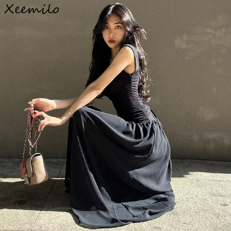 Ruched Bodycon Maxi Dress | Y2K Square Neck Slip Dress -femstylo