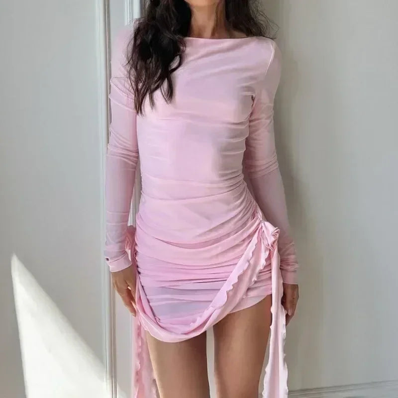 Trendix Long Sleeve Elegant Dress Women Summer Slim Floral Patchwork Mini Dresses Ladies Solid High Street Trendy Vacation Dress