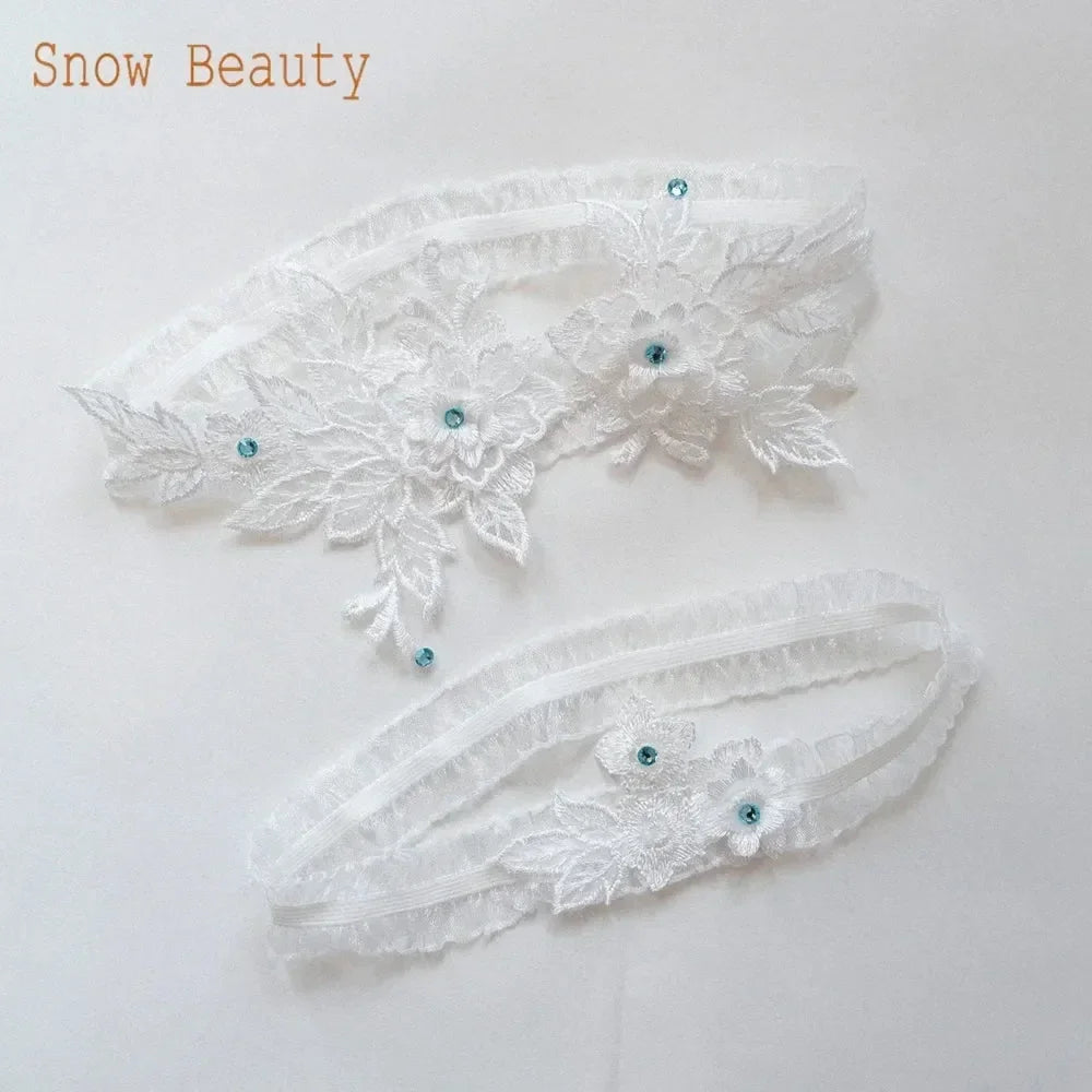 K03 2 PCS Sexy Lace Flower Crystal  Pearls Wedding Garter Belt Thigh Ring Bridal Leg Garter Stocking Garter Belt Girl Women