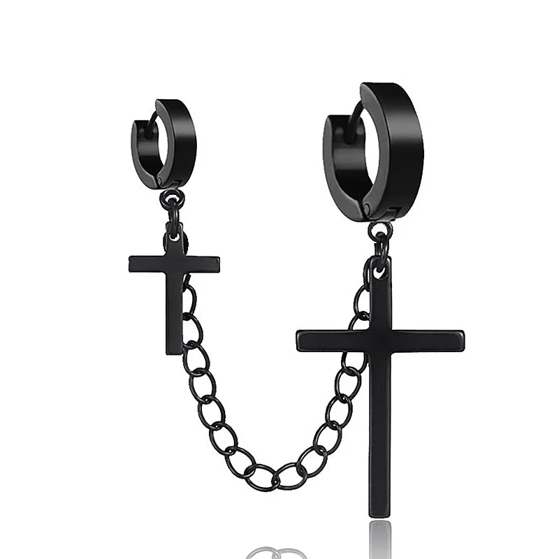 Punk Cross Pendant Clip Earring | Unisex Metal Chain Tassel Ear Cuff