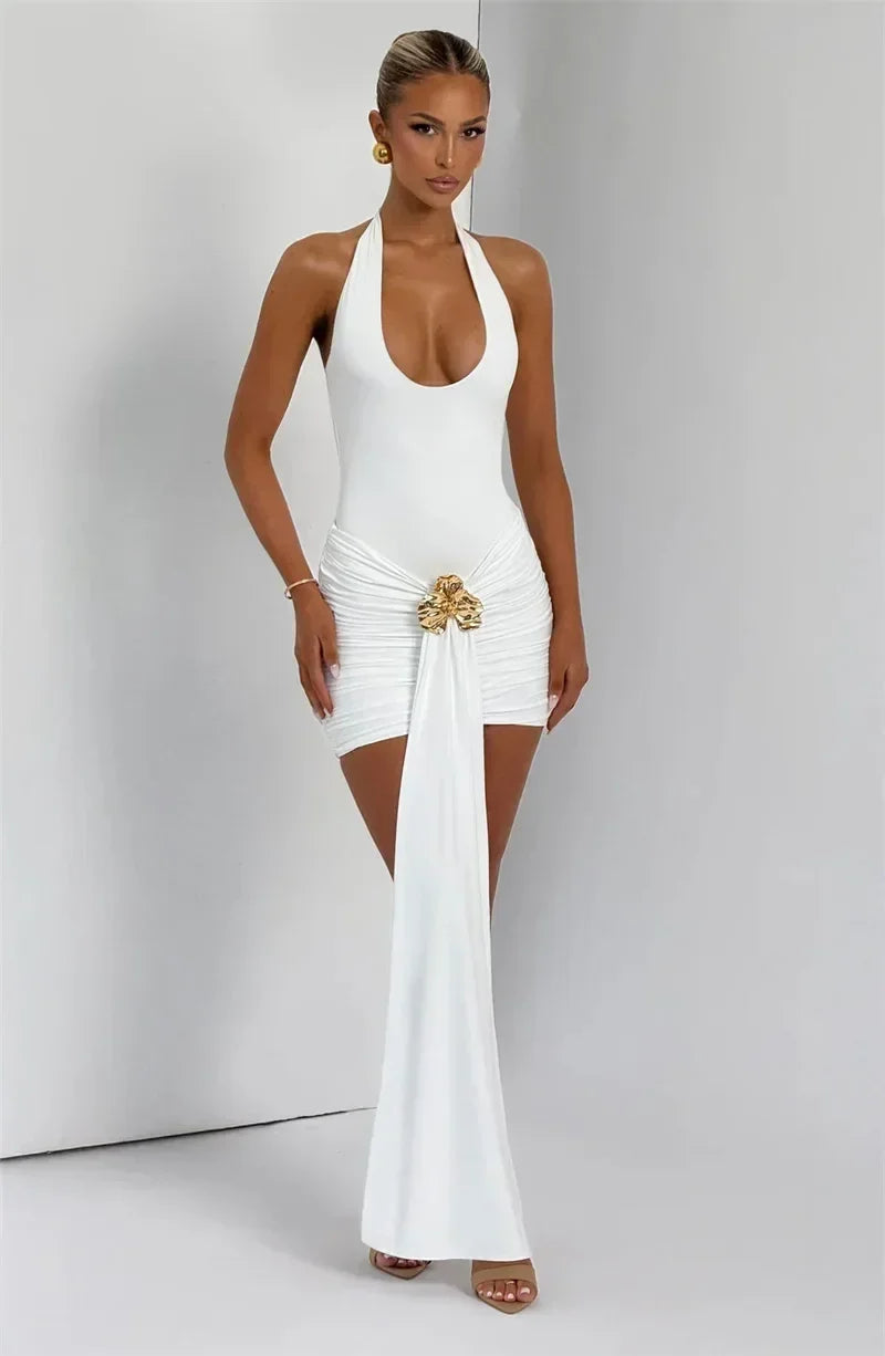 Mozision Metal Flower Draped Ruched Sexy Mini Dress Women Robe Fashion Halter Backless Sleeveless Bodycon Club Party Dress New