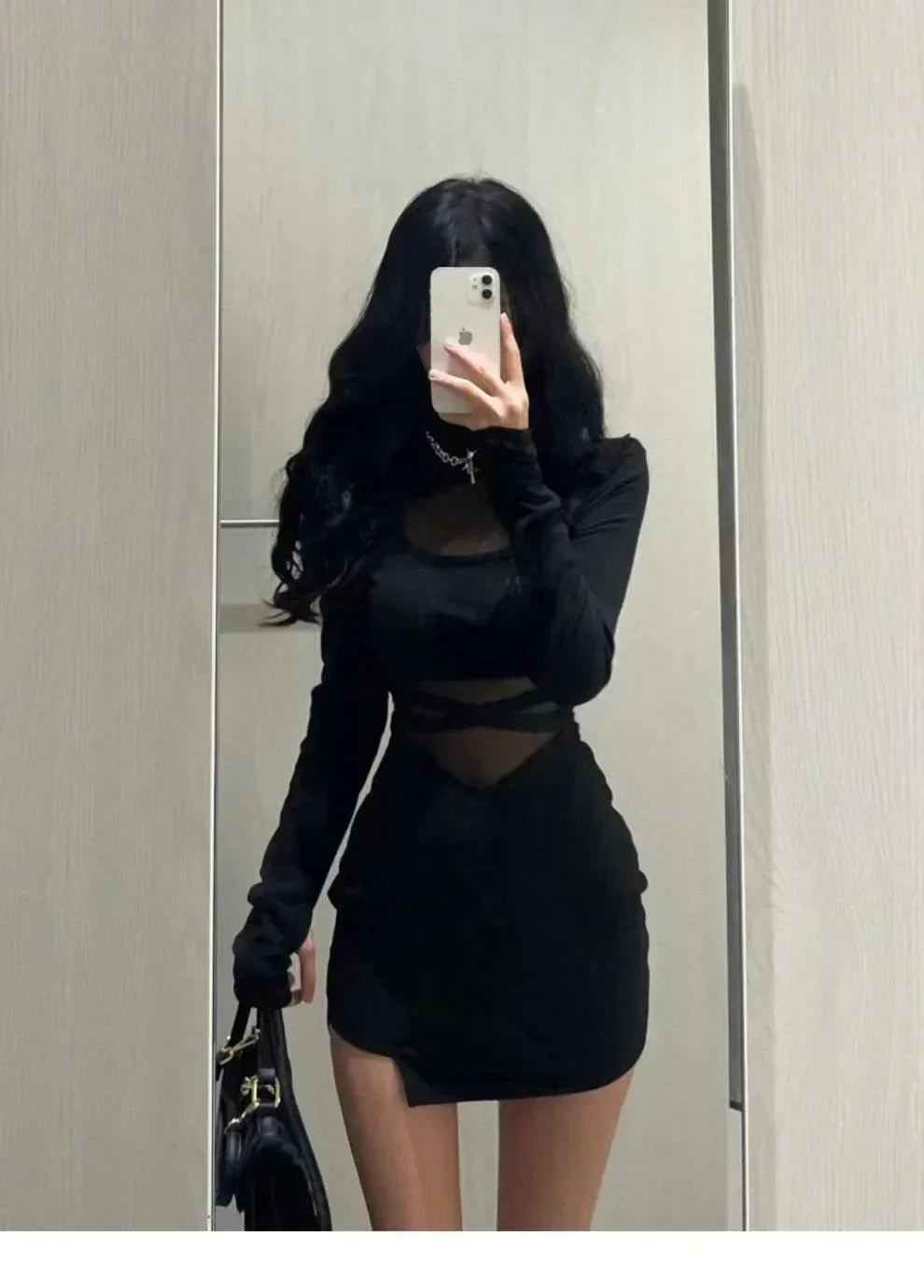 Pile Up Sleeves New Sexy Black Fishbone Dress Personalized Slim Women Dress Thin Gauze Perspective Wrap Around Buttocks  F8Q3