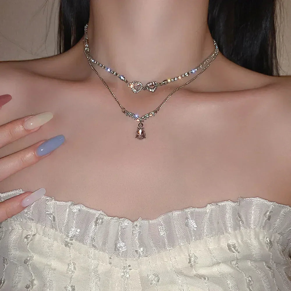 Luxurious Square Pink Zircon Pendant Necklace For Women Fashionable Personalized Daily Accessory Party Jewelry Birthday Gifts