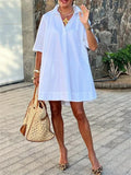Urban Female Fashion Solid Color Lapel Mini Dresses  New Summer Half Sleeves Loose Casual Office Commute White Dress