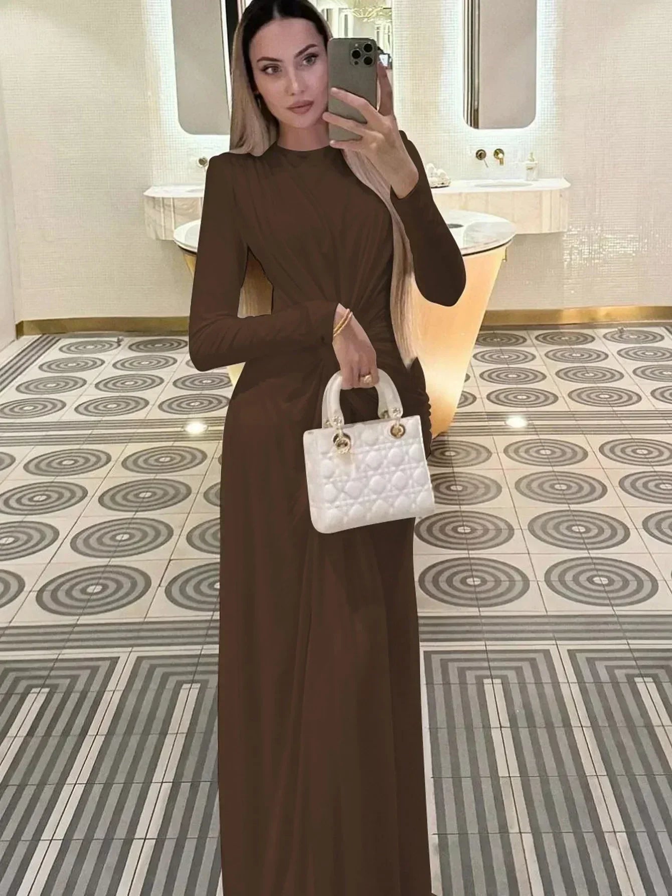 Dulzura Long Sleeves Shoulder Pad Ruched Maxi Dress Solid Elegant Prom Evening Party Long Dress Women’S Autumn Winter Outfit