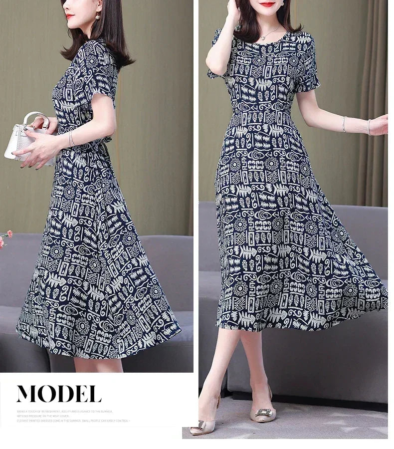 New Fashion Casual 2024 Summer Elegant Dresses For Women O-Neck Print Vintage Short Sleeve Dress Loose Women Clothing