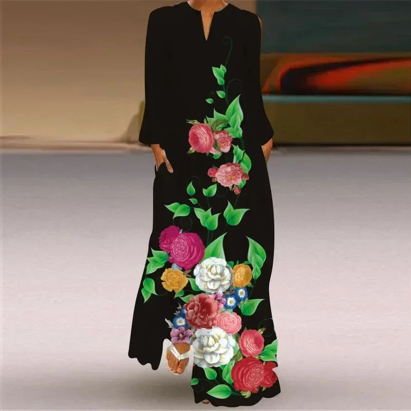 Women's Maxi Dress Printed Retro Fashion y2k vestidos Long Sleeve Loose Robe S-5XL