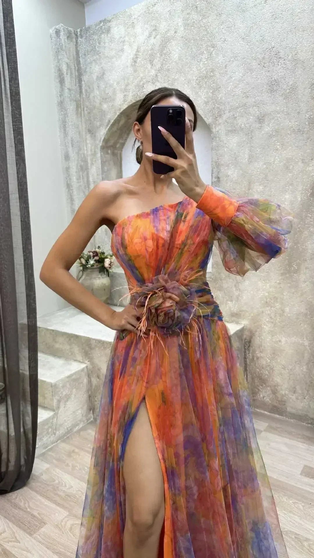 Elegant Oblique Shoulder Single-sleeve  Zipper High Slit Mesh Long Dress For Women Fashion Flower Decoration Party Dress Female