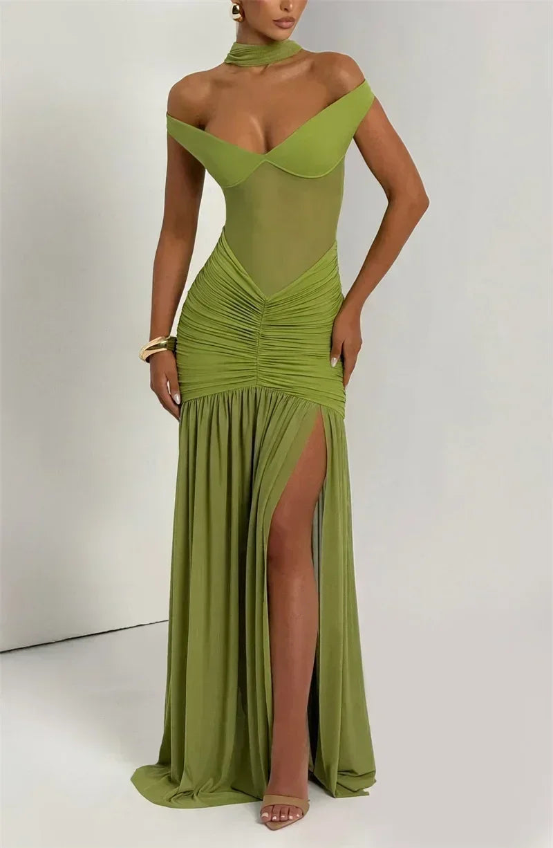 Mozision Off-shoulder Backless Sexy Maxi Dress Women Gown Halter Sleeveless Backless Thigh High Split Club Party Long Dress