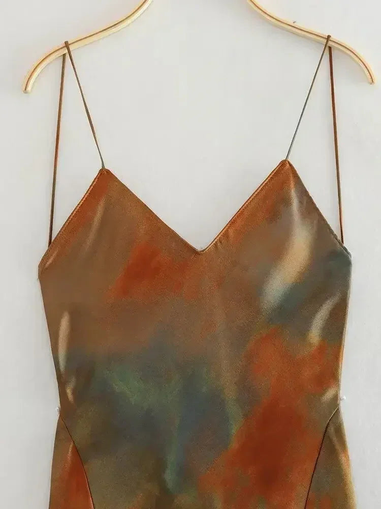 2025 Summer New Women's Open Back Sleeveless Dress Fashion Satin Mid Length Dress Printed Sexy V Neck Sling Dress