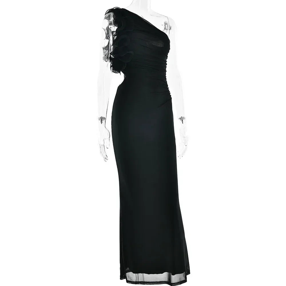 Articat Elegant Sleeveless Slant Shoulder Flower Dress Women Spring/Summer 2025 Sexy Mesh Wrap Hip Dress Party Evening Dress