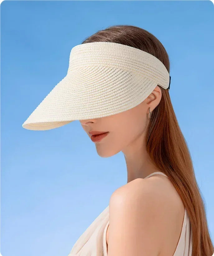 Spring and Summer Women's Outdoor Sunshade  Straw Hat Fashion Empty Top  Duck Tongue Hat Big Brim Cap G37