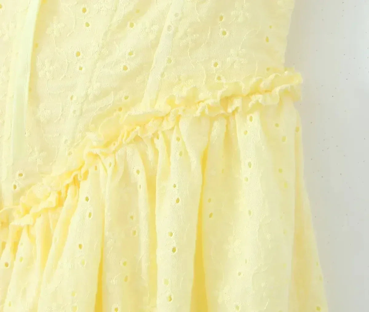 YENKYE Sexy Elegant Women Hollow Out Embroidery Yellow Sling Mini Dress Low Waist Lace Up Bandage Party Dresses Birthday Robe