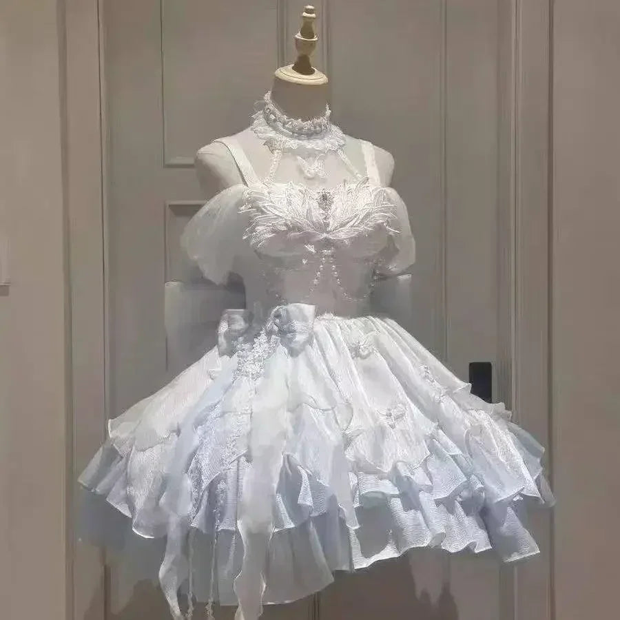 2025 Women Kawaii Ruffles Bow Suspender Princess Dresses Gothic Lolita Jsk Mini Dress Girl Sweet Fairy Party Trailing Dress