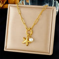 DIEYURO 316L Stainless Steel Golden Ocean Style Starfish Pearl Pendant Necklace Lady New Summer Beach Neck Chain Jewelry Gift