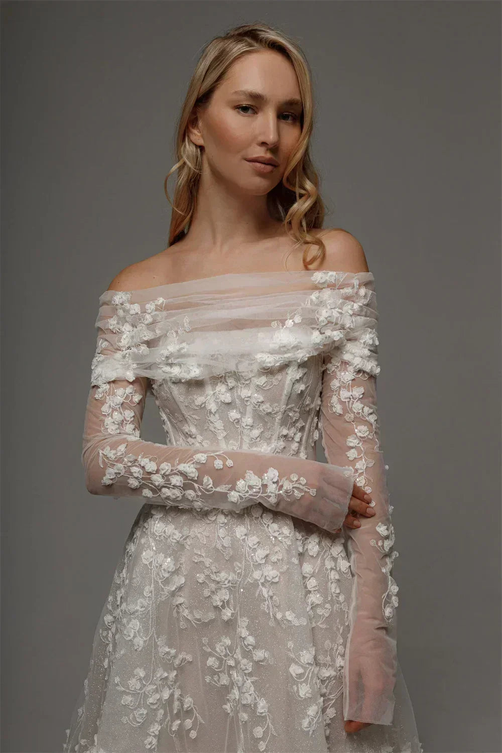 Kyoto Customized Lace Flowers Detachable Long Sleeves Wedding Dress Ankle-Length Glitter vestidos de novia A-Line Formal Gown