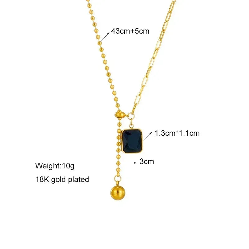 DIEYURO 316L Stainless Steel Zircon Necklace For Women Designer Gold Color Square Bead Pendant Necklaces Girls Body Jewelry Gift