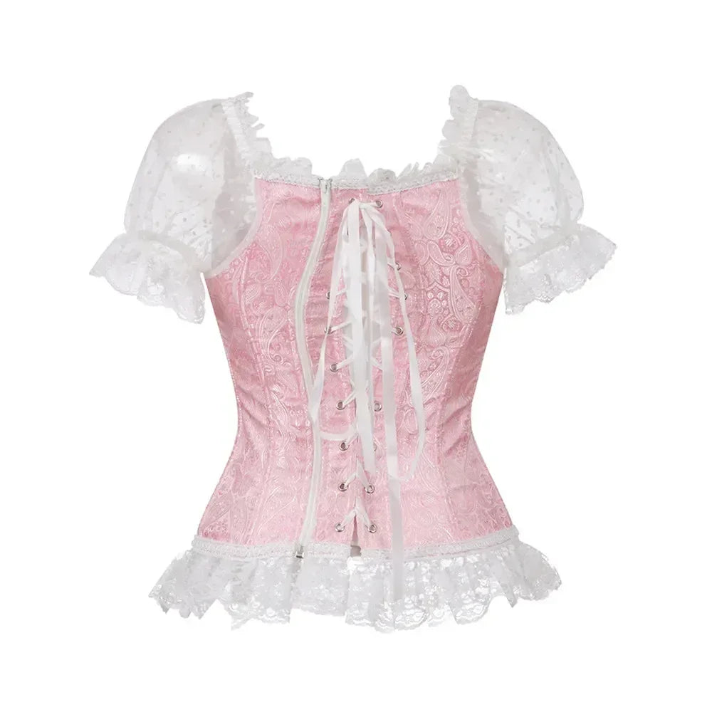 Fashion Princess Style Women Lingerie Bodyshaper Bridal Corset Bustier Tops For Women Short-Sleeve Lace Up Corselet Plus Size