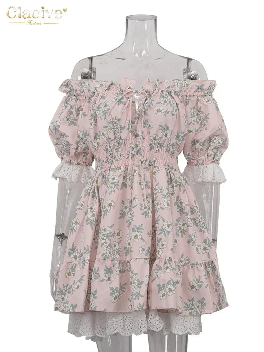 Clacive Summer Slim Print Women's Dress Fashion Slash Neck Short Sleeve Mini Dresses Elegant High Waist Patchwork Female Dress