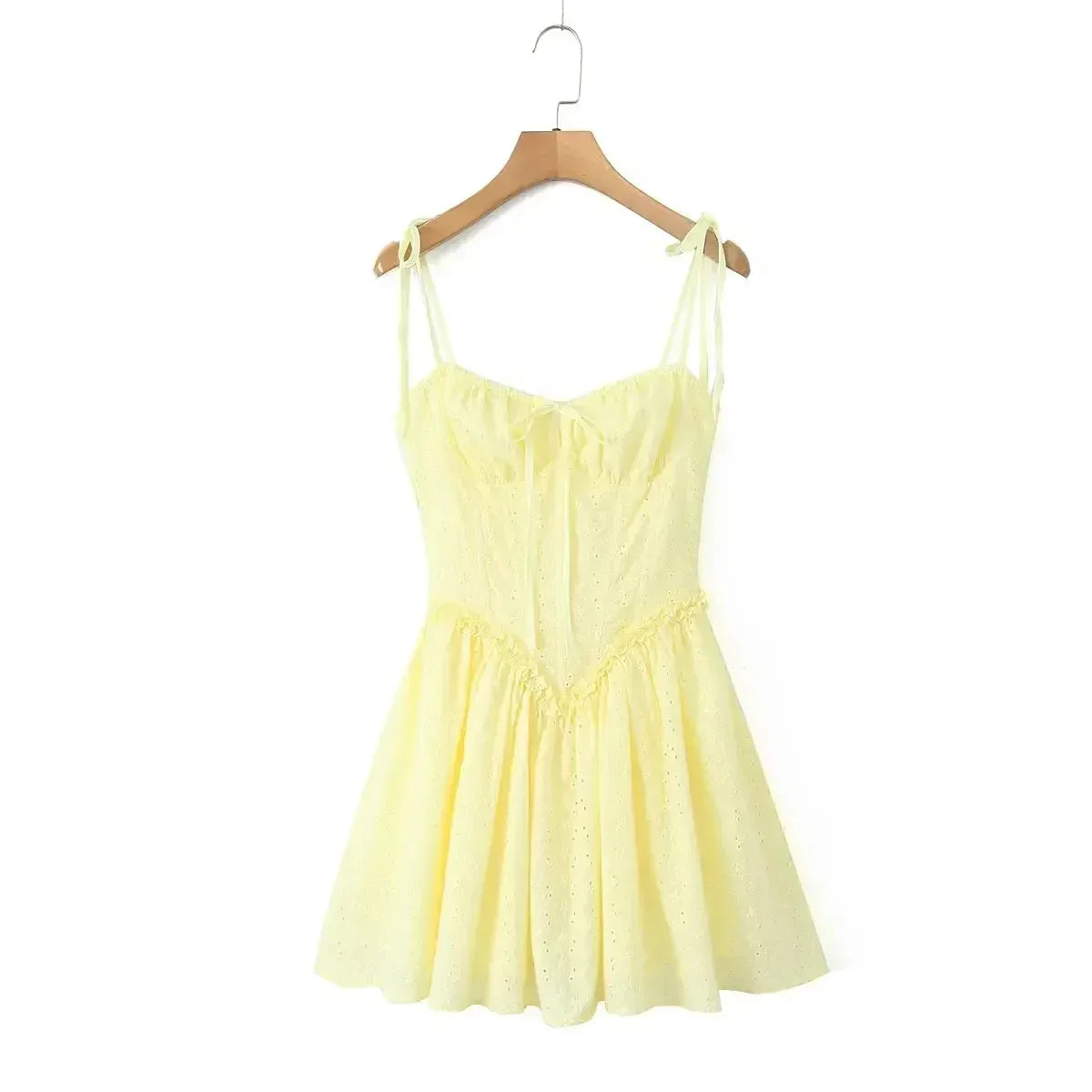 YENKYE Sexy Elegant Women Hollow Out Embroidery Yellow Sling Mini Dress Low Waist Lace Up Bandage Party Dresses Birthday Robe