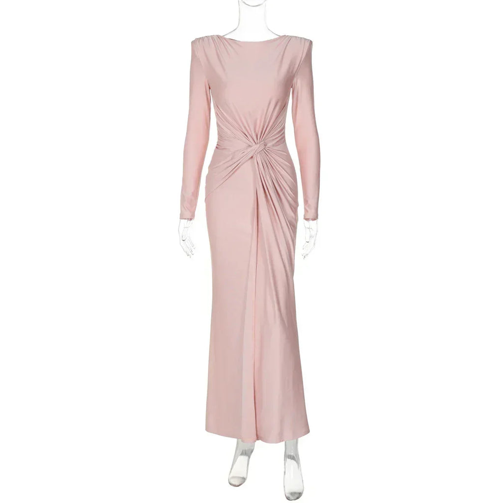 Dulzura Long Sleeves Shoulder Pad Ruched Maxi Dress Solid Elegant Prom Evening Party Long Dress Women’S Autumn Winter Outfit