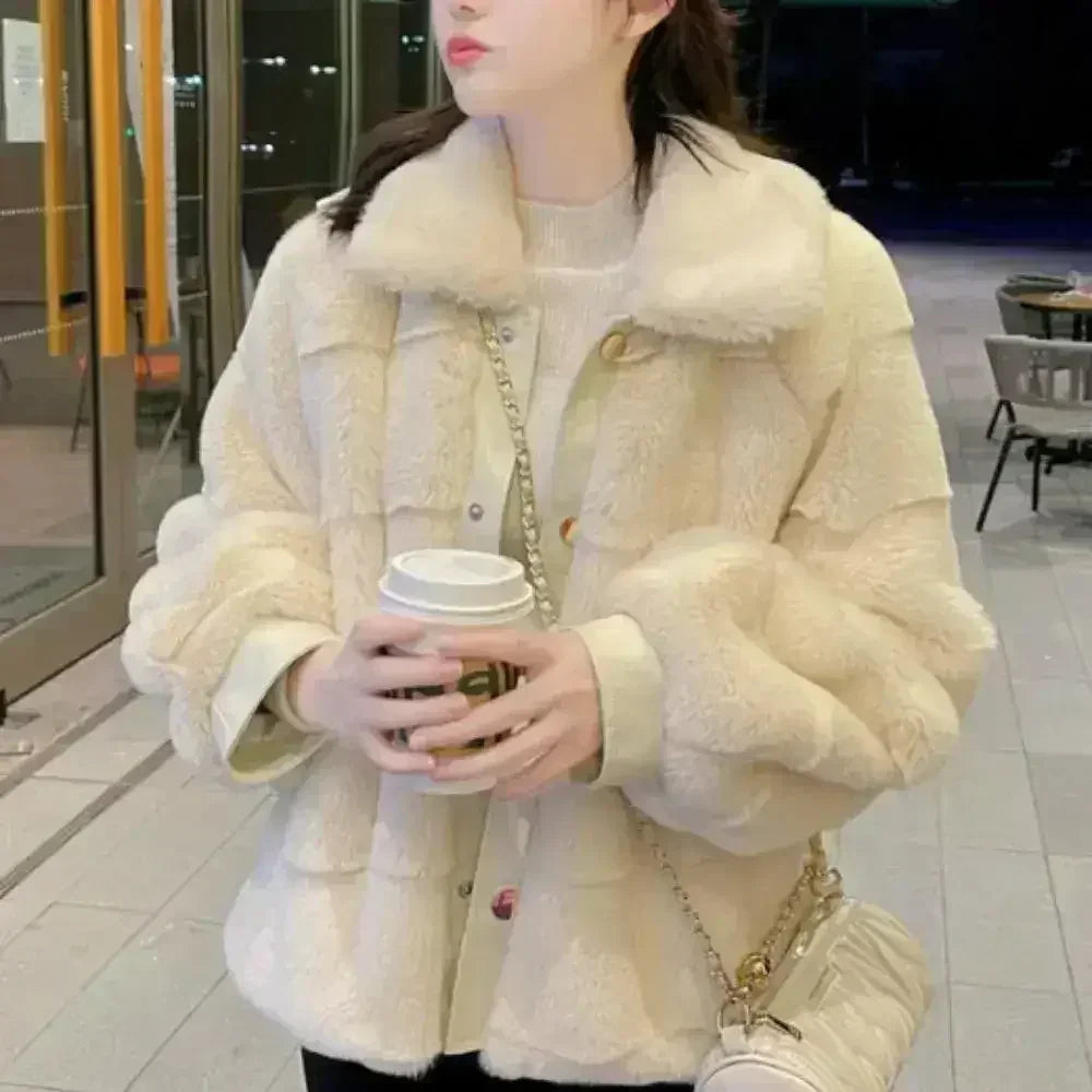 White Faux Fur Jacket – Vegan Leather Trimmed Cuffs | S-XXL