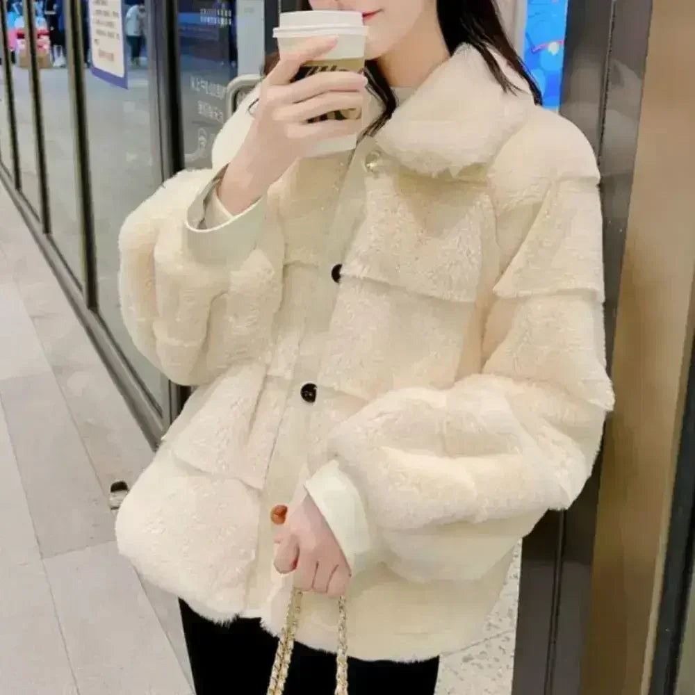 White Faux Fur Jacket – Vegan Leather Trimmed Cuffs | S-XXL