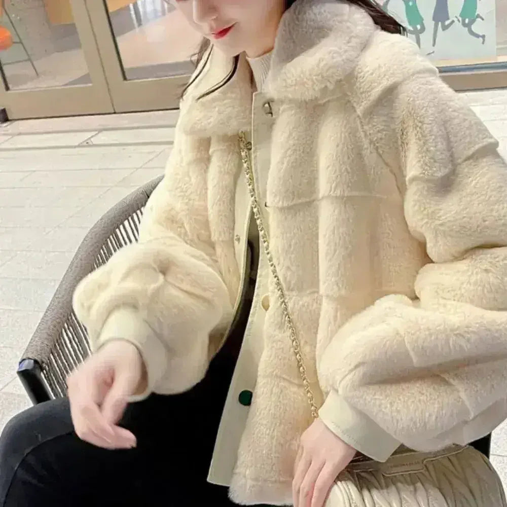 White Faux Fur Jacket – Vegan Leather Trimmed Cuffs | S-XXL