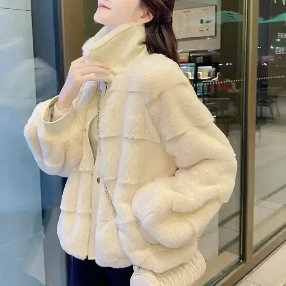 White Faux Fur Jacket – Vegan Leather Trimmed Cuffs | S-XXL