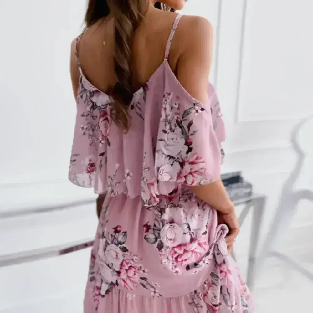 Cold Shoulder Chiffon Beach Dress - Flowy Ruffle Summer Dress