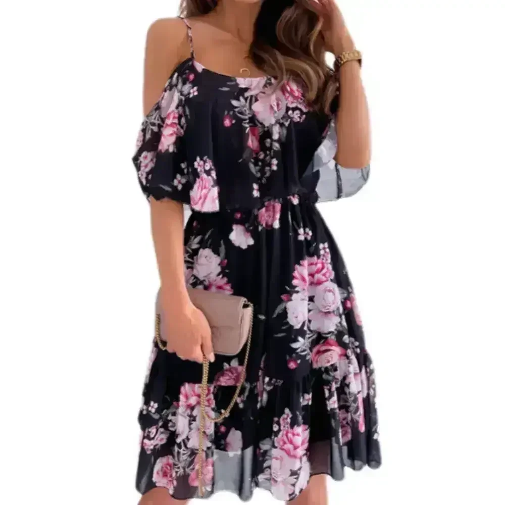 Cold Shoulder Chiffon Beach Dress - Flowy Ruffle Summer Dress