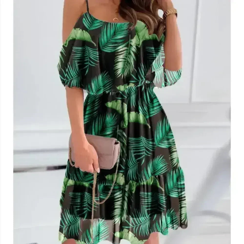 Cold Shoulder Chiffon Beach Dress - Flowy Ruffle Summer Dress