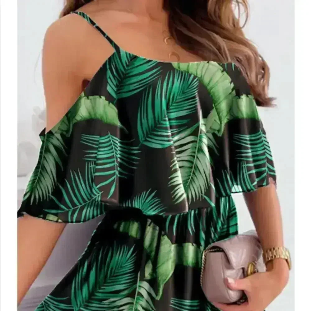 Cold Shoulder Chiffon Beach Dress - Flowy Ruffle Summer Dress
