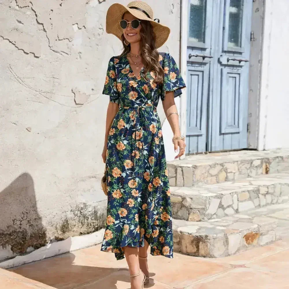 Women’s Floral Wrap Dress – Ruffled Summer Dress in Navy
