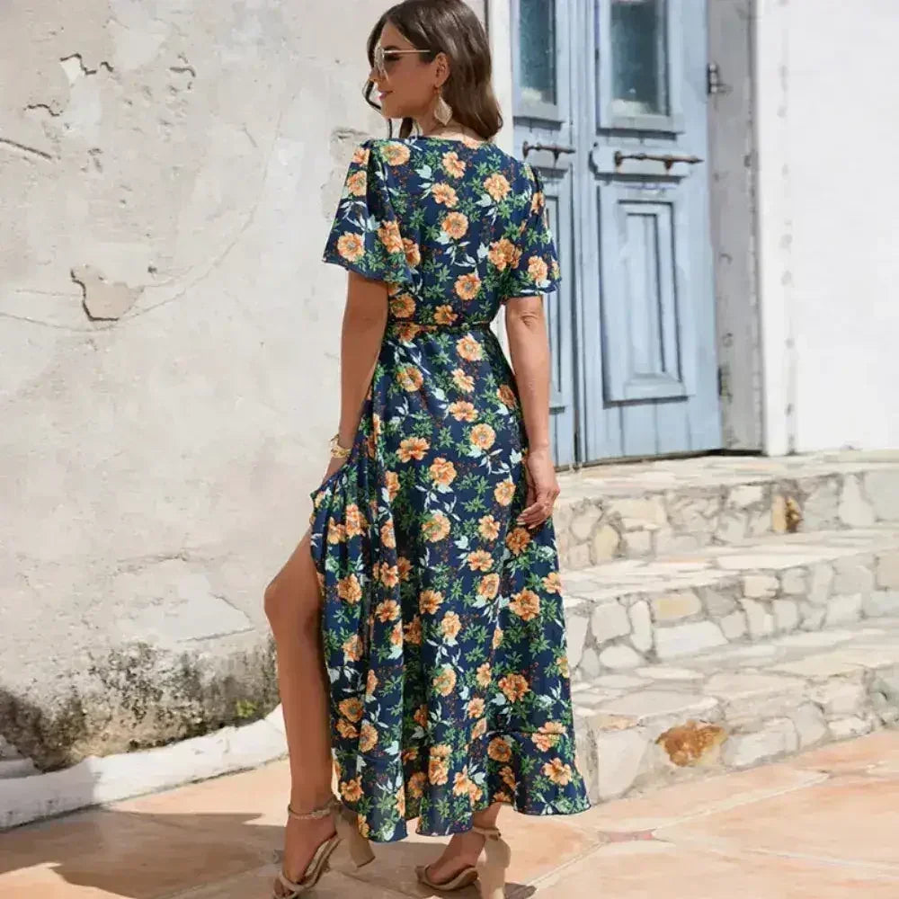 Women’s Floral Wrap Dress – Ruffled Summer Dress in Navy